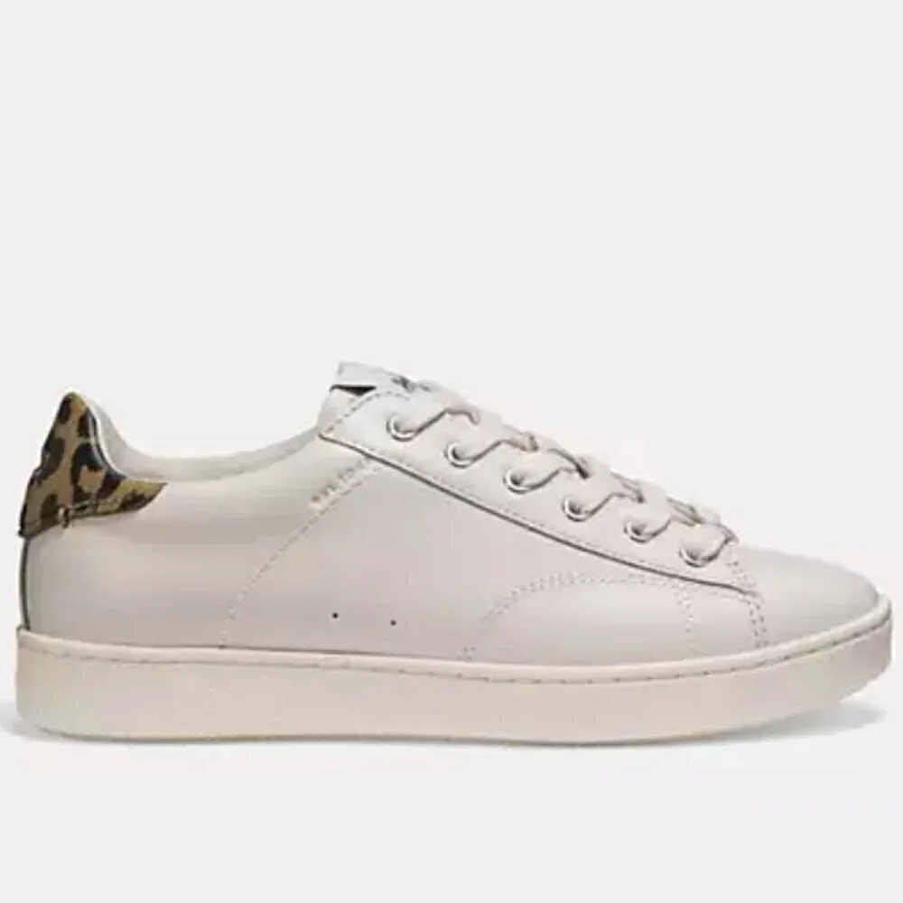 Coach Low Top Leather Sneakers 9B Leopard Print Heel Off-White Luxury C126
